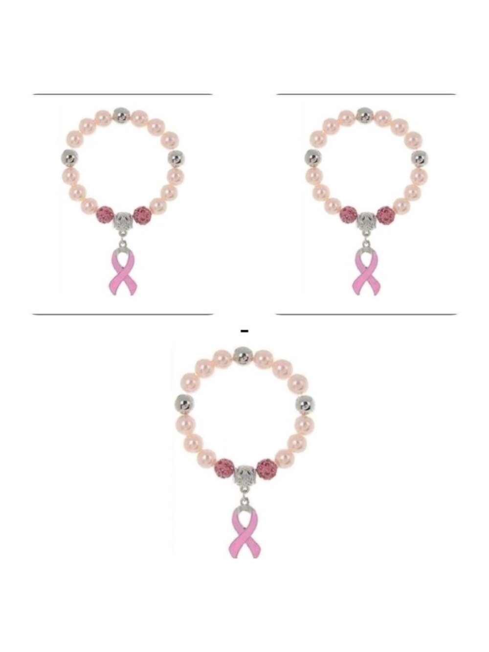 3 Breast Cancer Awareness Pink Ribbon Beaded Stretch Bracelets Silver & Pink